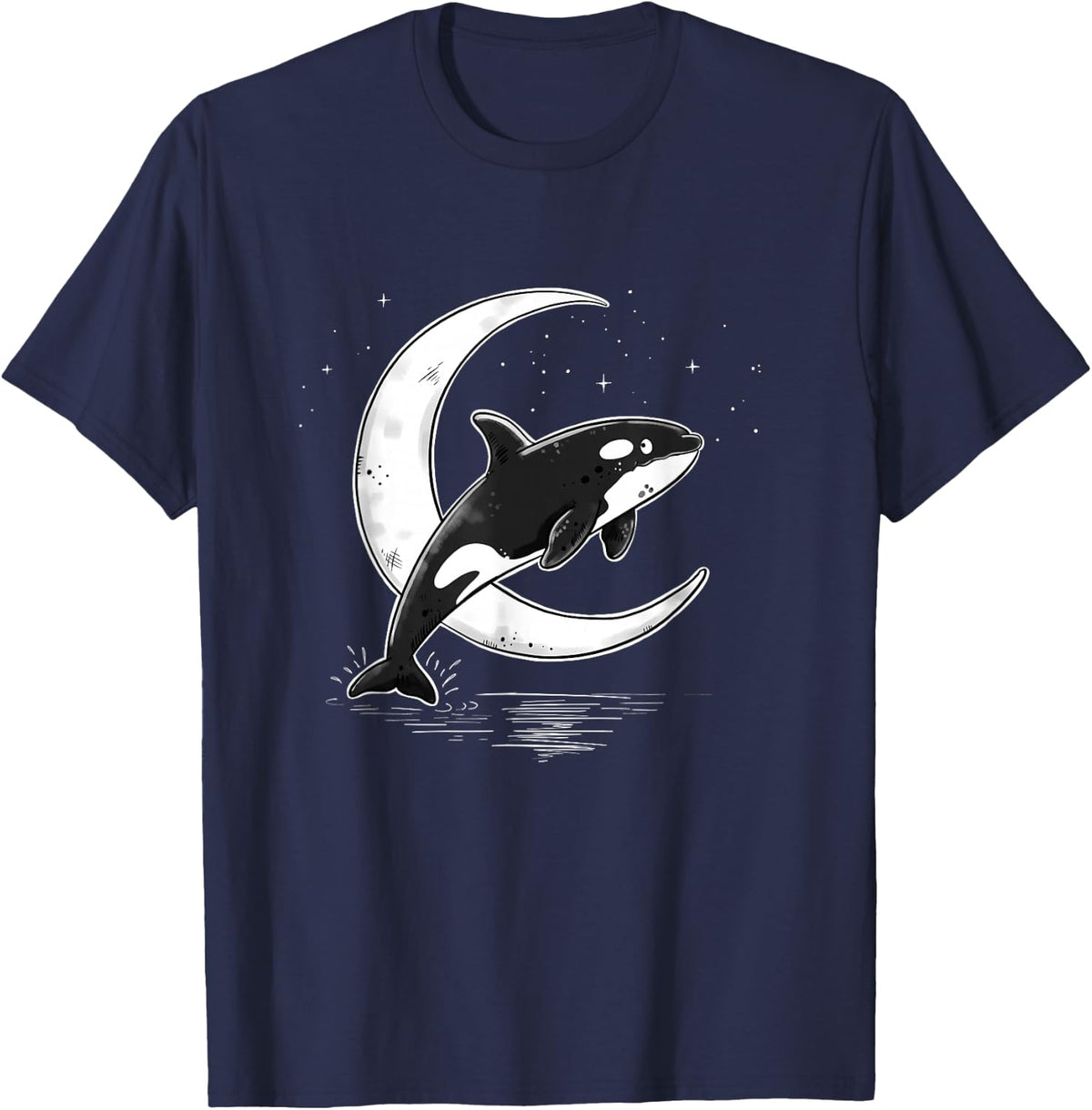 Orca Moon Hand Drawn Cartoon Ocean T-Shirt - Navy Blue