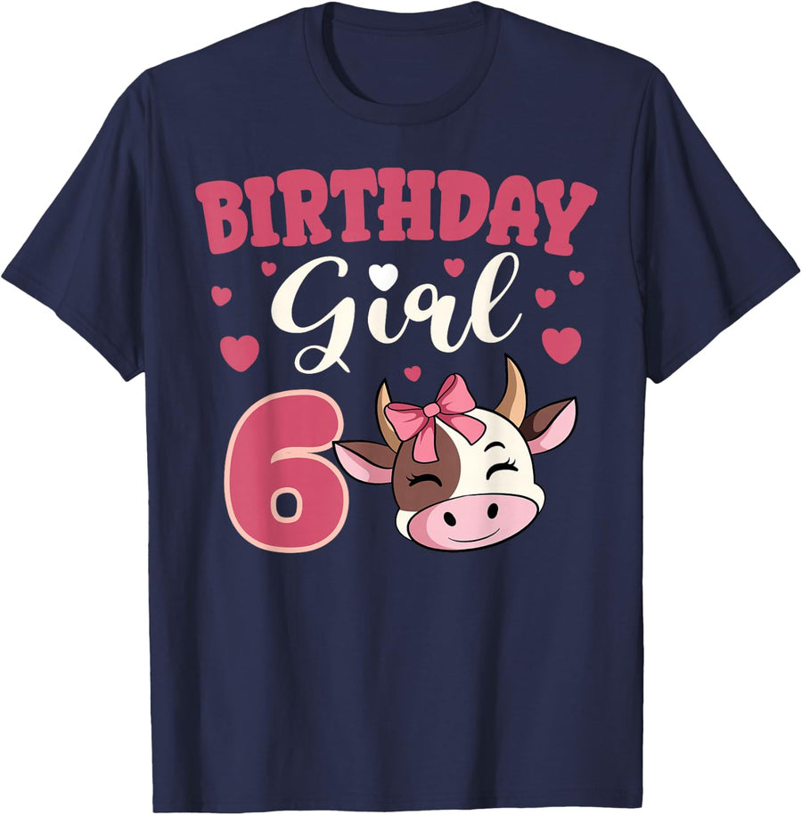Cow 6th Birthday Girl Party Moo Barn Animal Farmyard Vet T-Shirt - Navy Blue