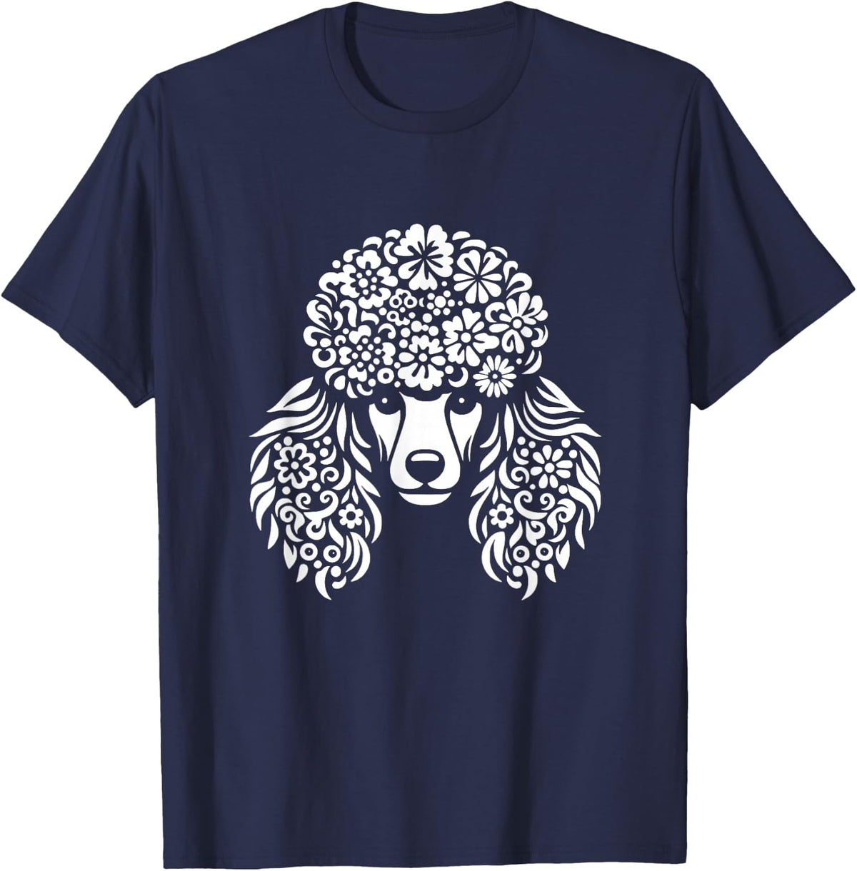 Floral Poodle Face Dog with Flowers Graphic Design T-Shirt - Navy Blue
