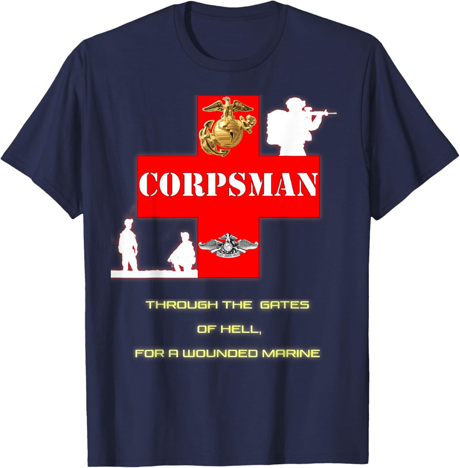 Red Cross Navy Corpsman FMF Warfare Specialist T Shirt T-Shirt - Navy Blue