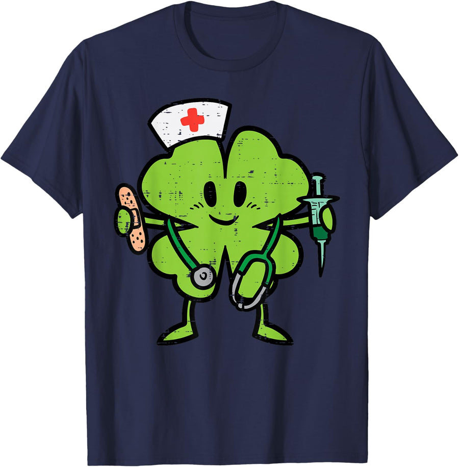 St Patricks Day Shamrock Nurse Saint Paddys Scrub Top Women T-Shirt - Navy Blue