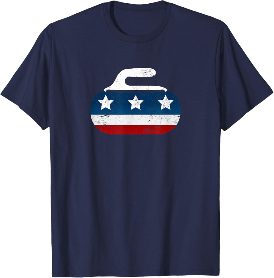 Curling Rock Design with American Flag Stars & Stripes T-Shirt - Navy Blue
