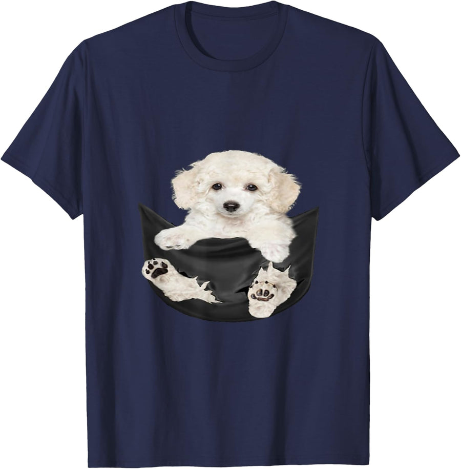 Dog Lovers Gifts White Poodle In Pocket Funny Dog Face T-Shirt - Navy Blue
