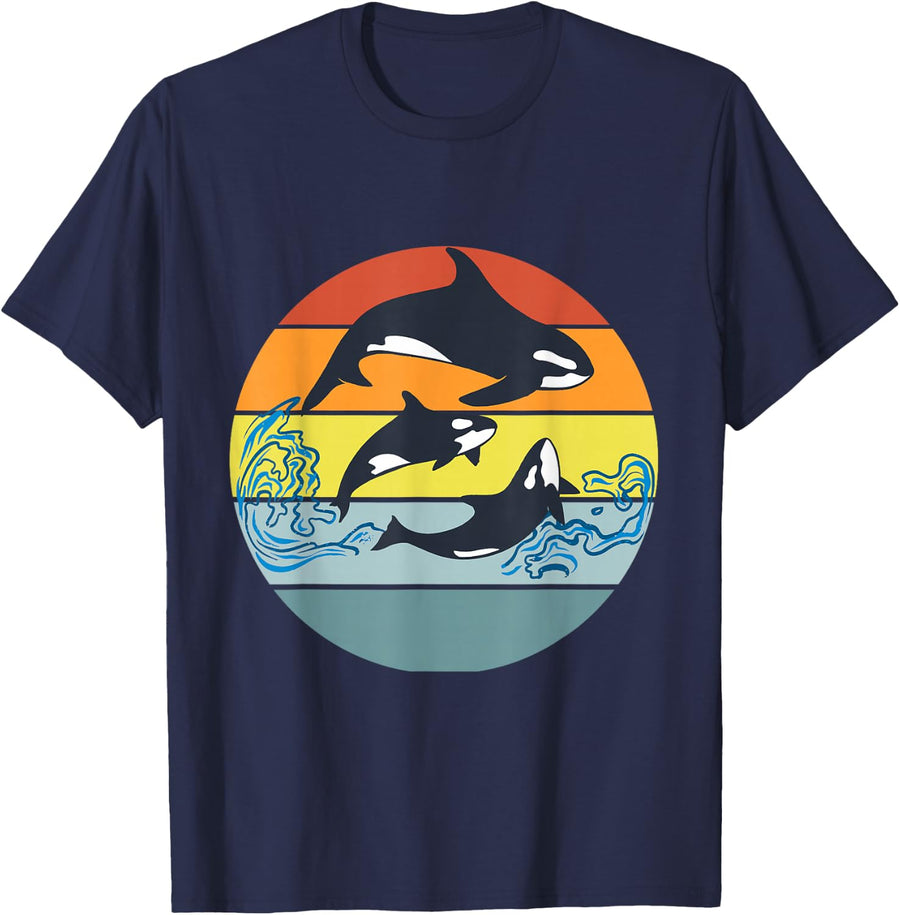 Orca Killer Whale, Vintage Retro Whale Family T-Shirt - Navy Blue