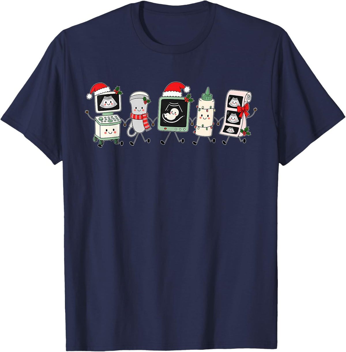 Christmas Sonographer Cute Doodle Ultrasound Tech OBGYN MFM T-Shirt - Navy Blue