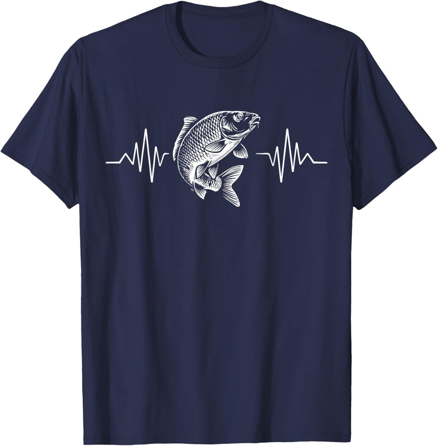 Carp Fishing Funny Heartbeat for Anglers T-Shirt - Navy Blue
