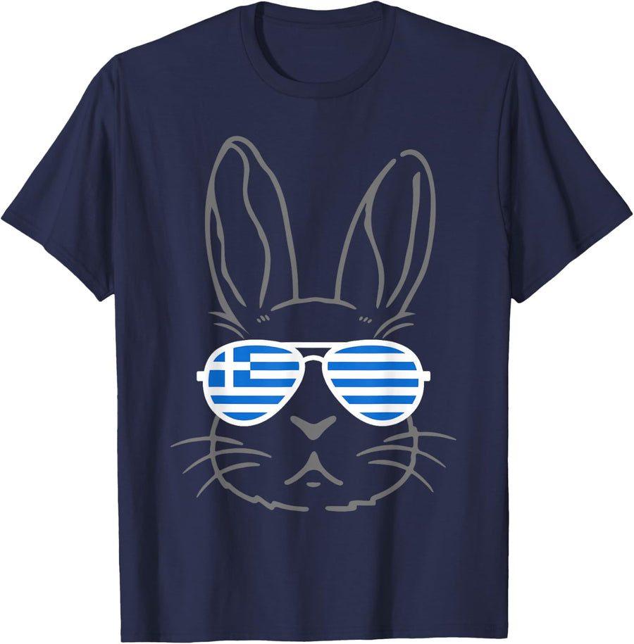 Bunny Ears Sunglasses Funny Easter 2025 Greece Flag Greek T-Shirt - Navy Blue