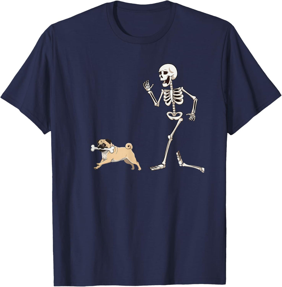 Funny Pug Dog Stealing Skeleton Bone Halloween Costume T-Shirt - Navy Blue