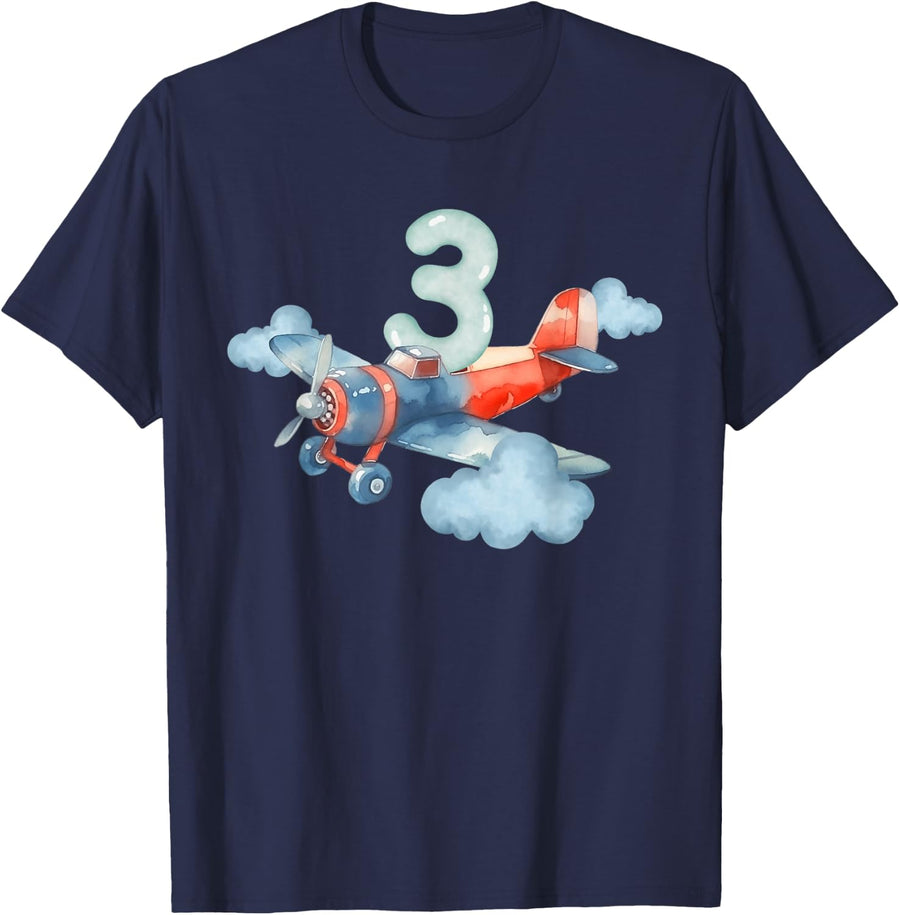 3rd Birthday Boys Airplane Pilot 3 Year Old Boy T-Shirt - Navy Blue
