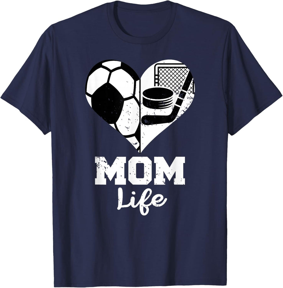 Mom Life Heart Funny Soccer Hockey Mom T-Shirt - Navy Blue