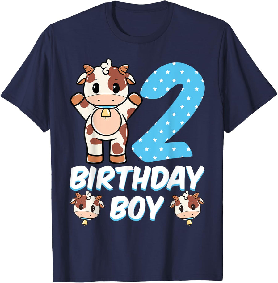 Cow 2nd Birthday Boy Party Moo Farm Animal Barnyard Theme T-Shirt - Navy Blue