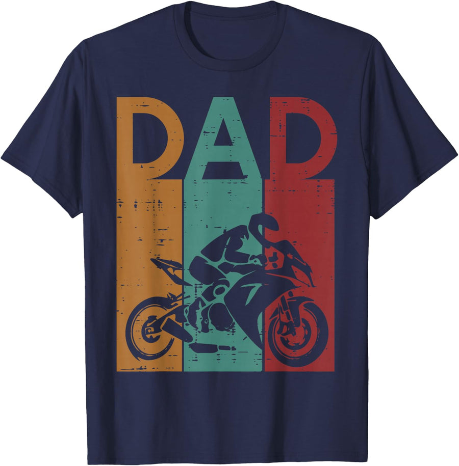 Fathers Day Biker Dad Motorcycle Retro Daddy Papa Sport Bike T-Shirt - Navy Blue