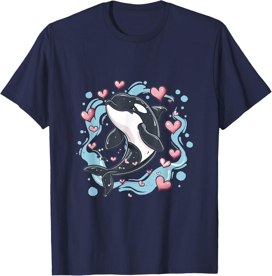 Orca Whale Hearts Graphic T-Shirt - Navy Blue