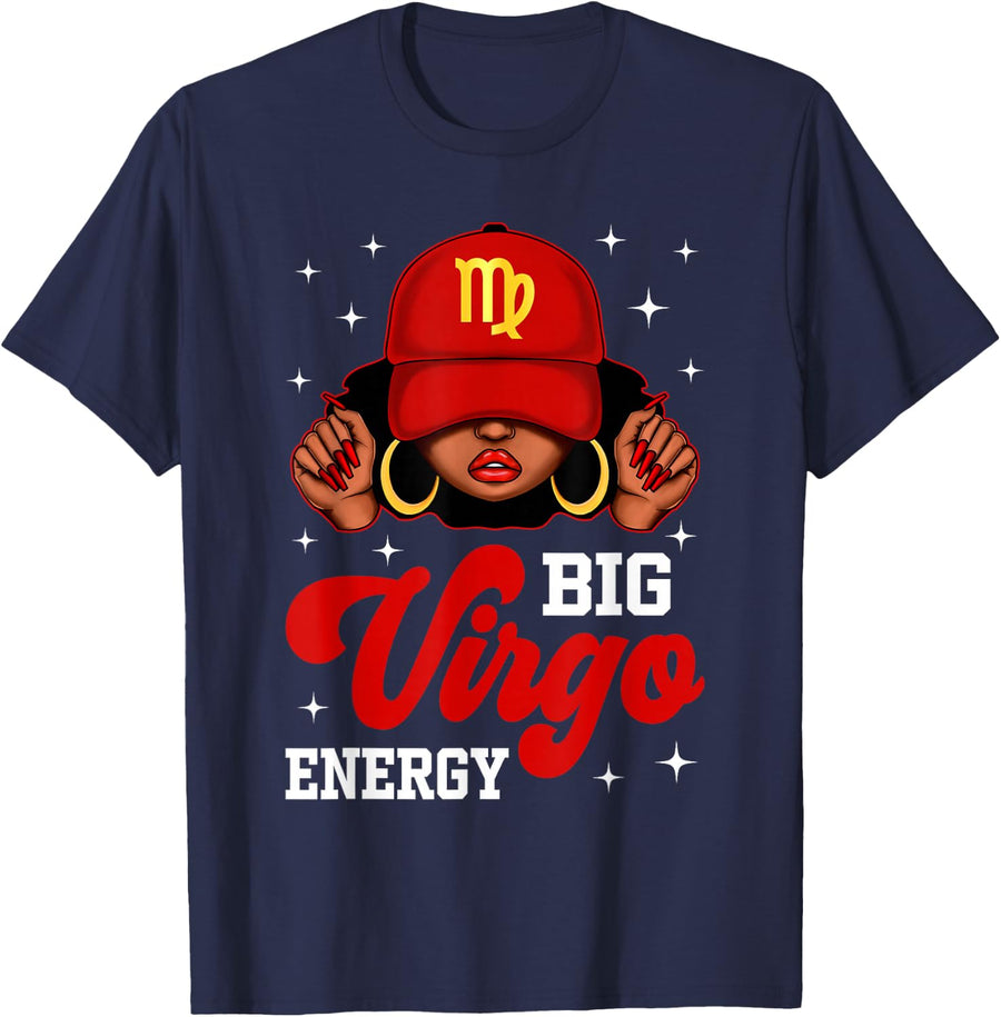Big Virgo Energy Black Woman with Red Cap Zodiac T-Shirt - Navy Blue