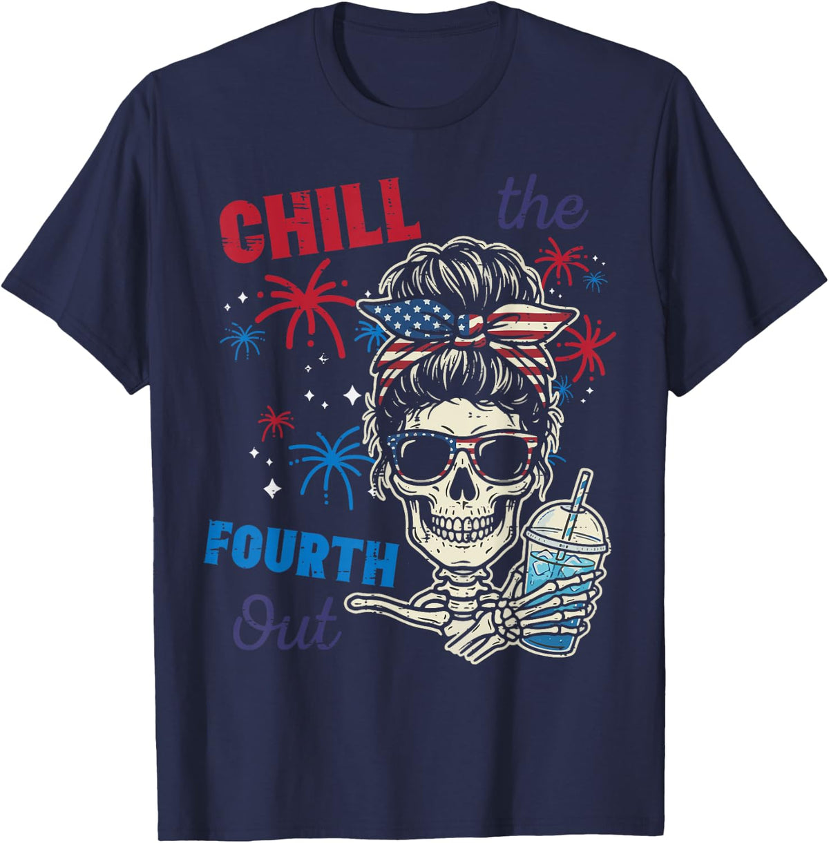 4th of July Skull Bun Chill The Fourth Out Women Girls Kids T-Shirt - Navy Blue