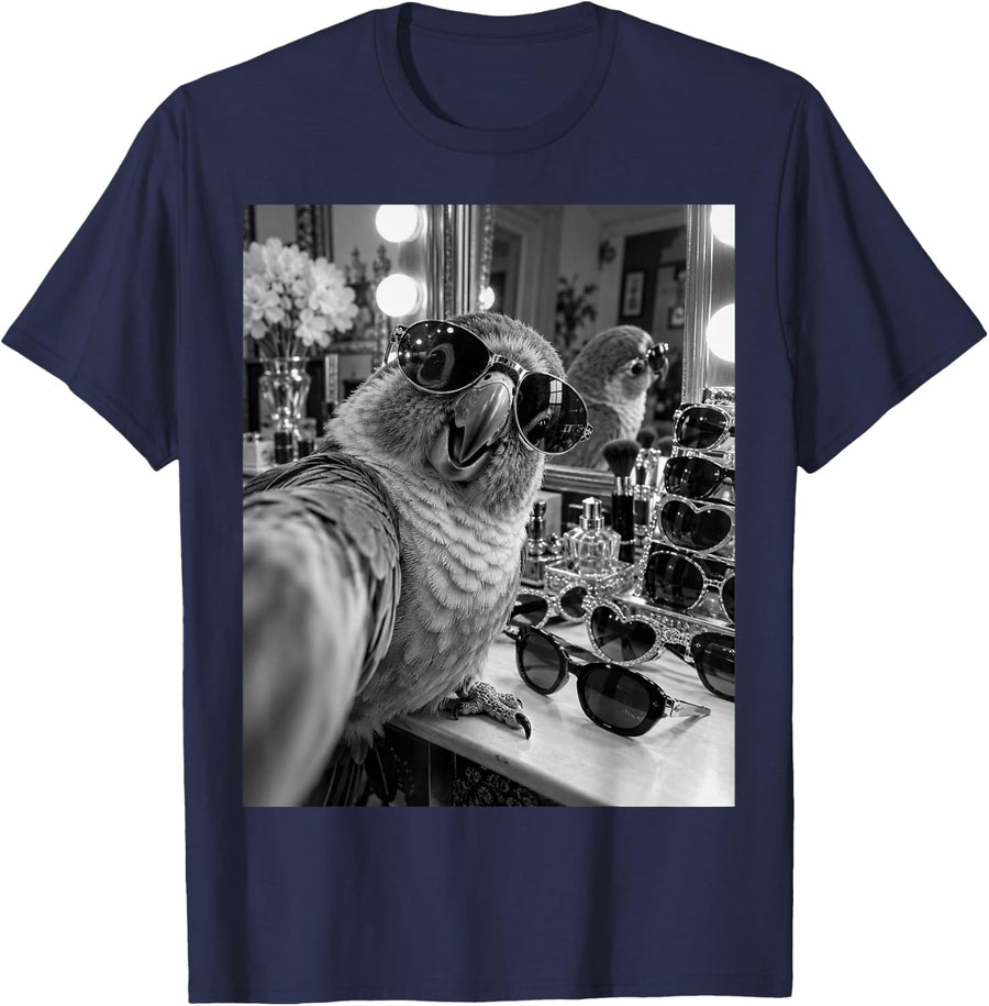 Funny Conure Trying Sunglasses Selfie Meme Bird Lover T-Shirt - Navy Blue