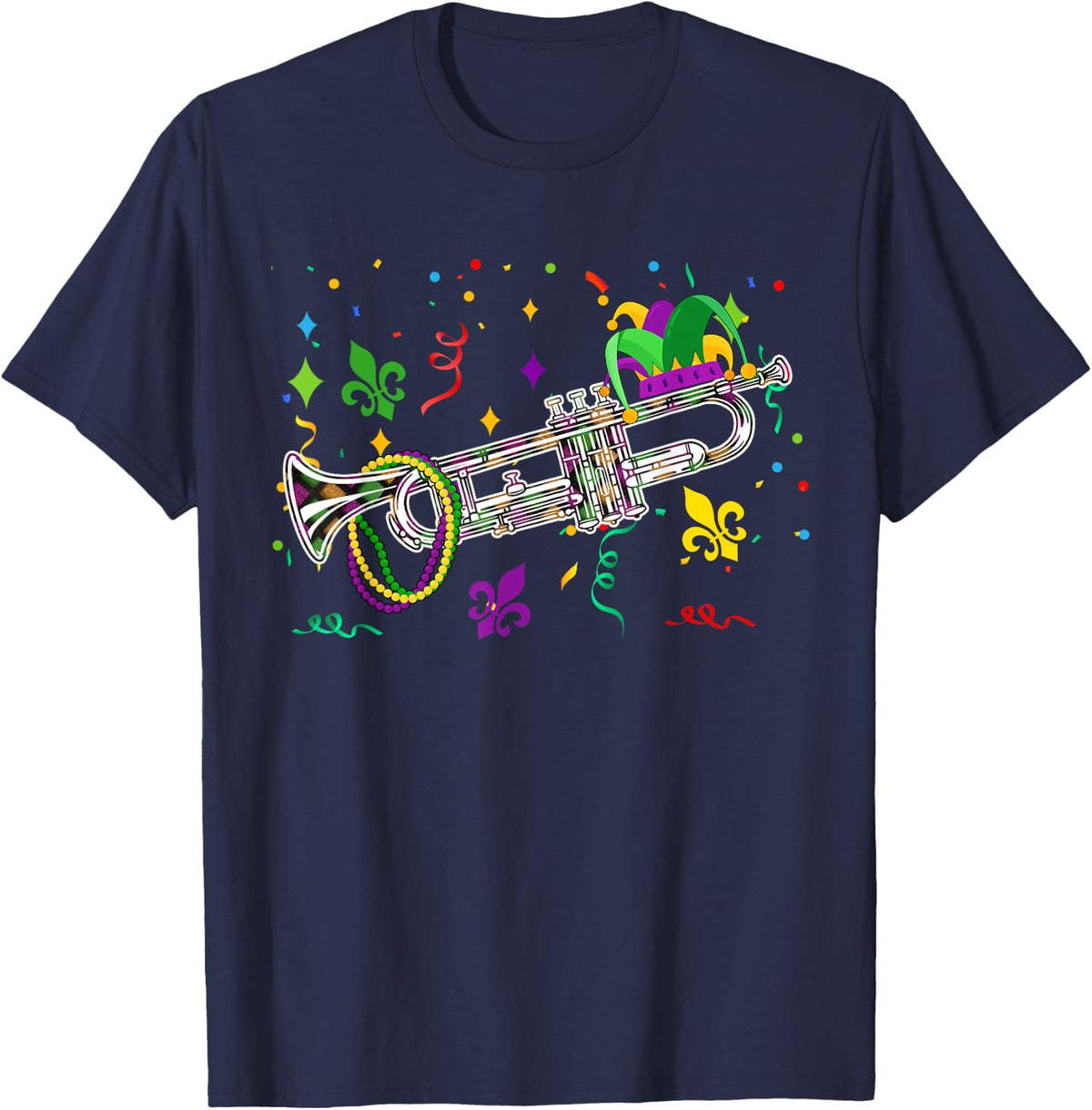 Mardi Gras Trumpet Jester Hat Beads Instrument Parades T-Shirt - Navy Blue