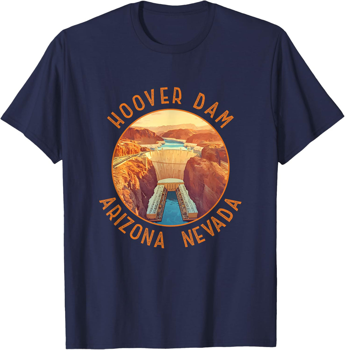 Hoover Dam Retro Distressed Circle Vintage T-Shirt - Navy Blue