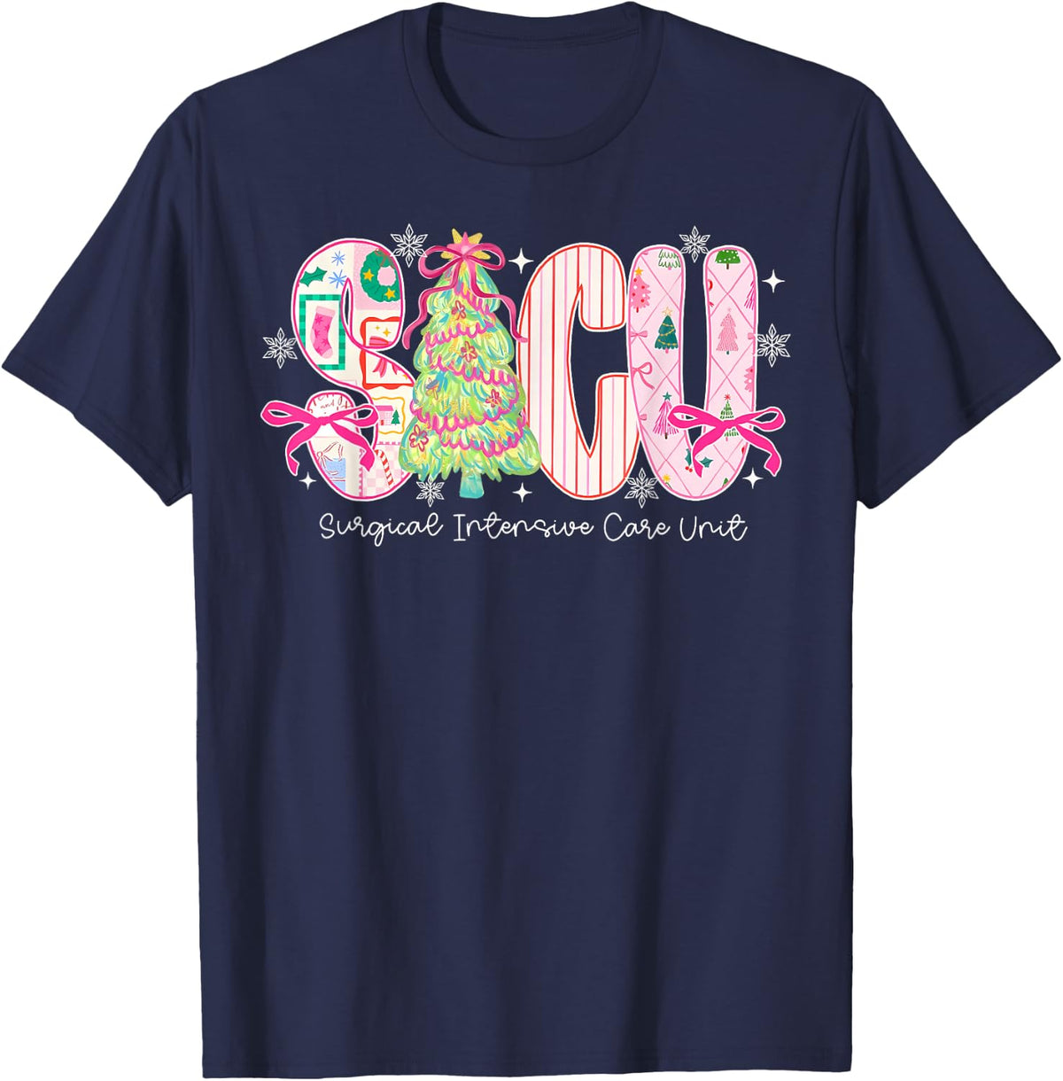 SICU Nurse Christmas Tree Surgical Intensive Care Unit Xmas T-Shirt - Navy Blue