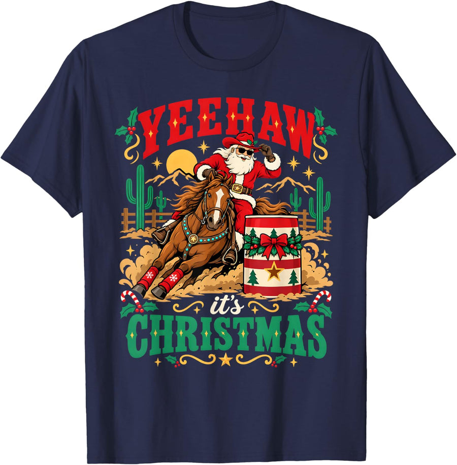 Barrel Racing Christmas Cowgirl Rodeo Horse T-Shirt - Navy Blue