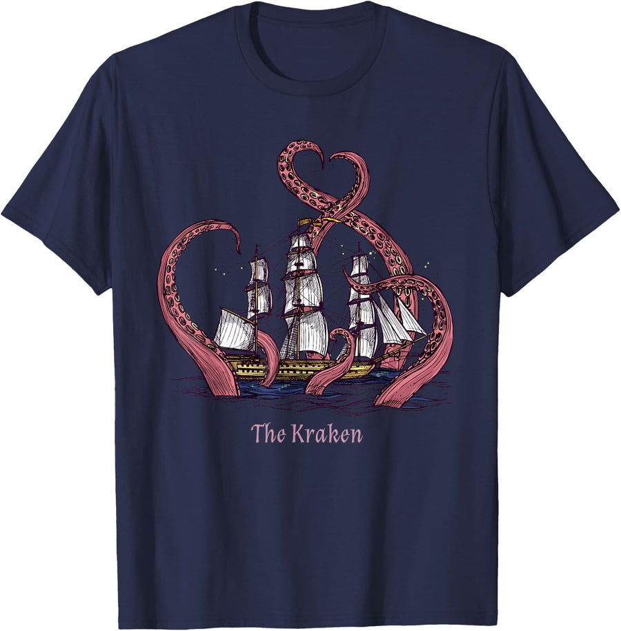 The Kraken and the Ship Octopus Giant Squid Tentacles Gift T-Shirt - Navy Blue
