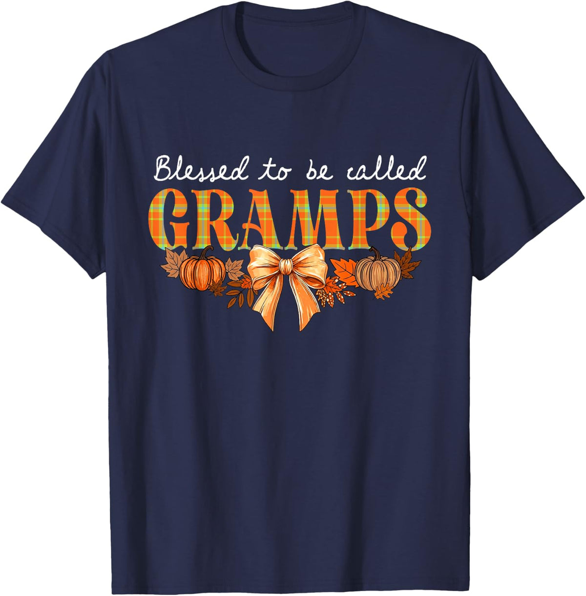 Blessed to Be Called Gramps Coquette Bow Thanksgiving T-Shirt - Navy Blue