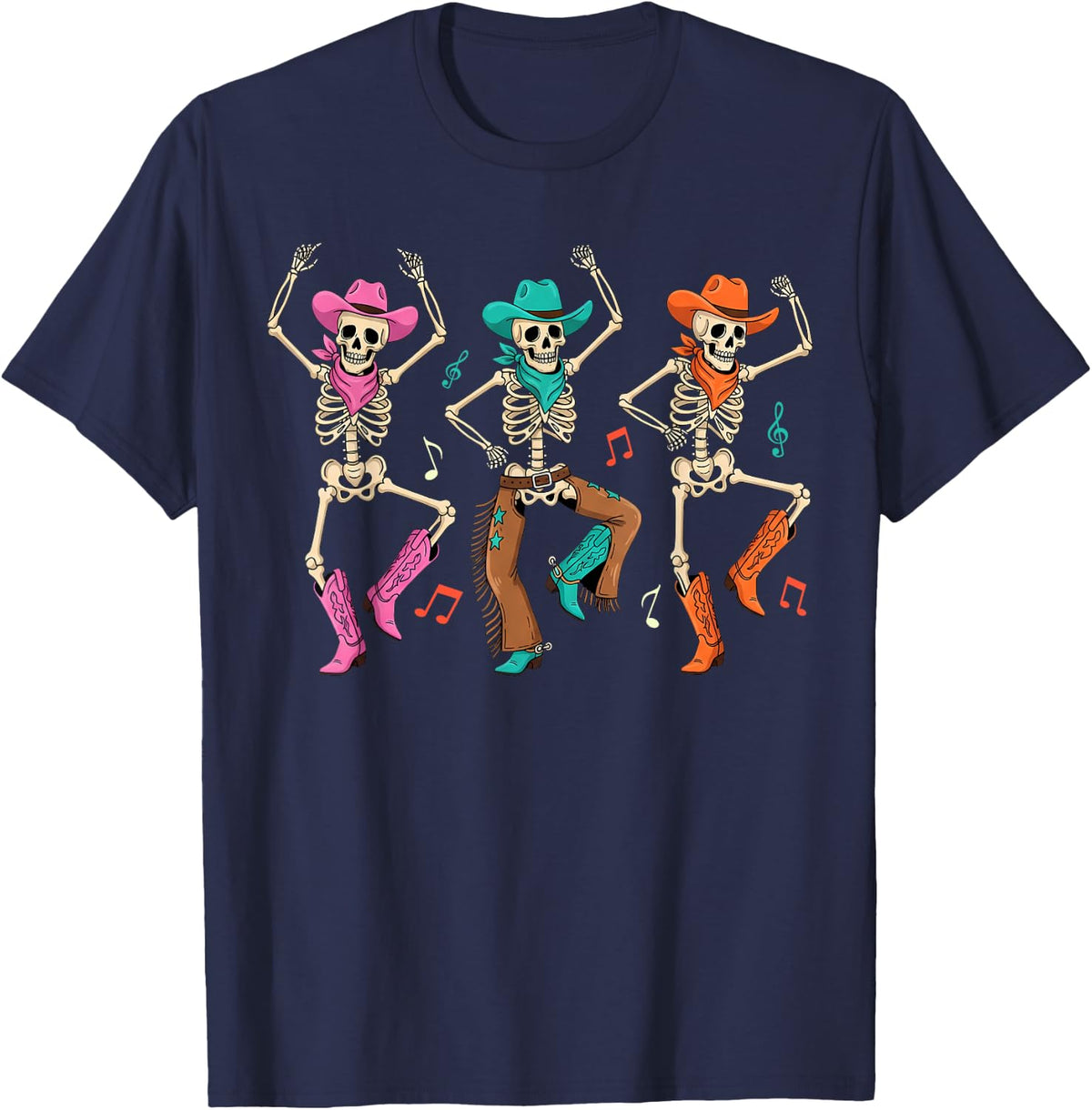 Skeleton Cowboys Dancing Humorous Halloween Holiday T-Shirt - Navy Blue