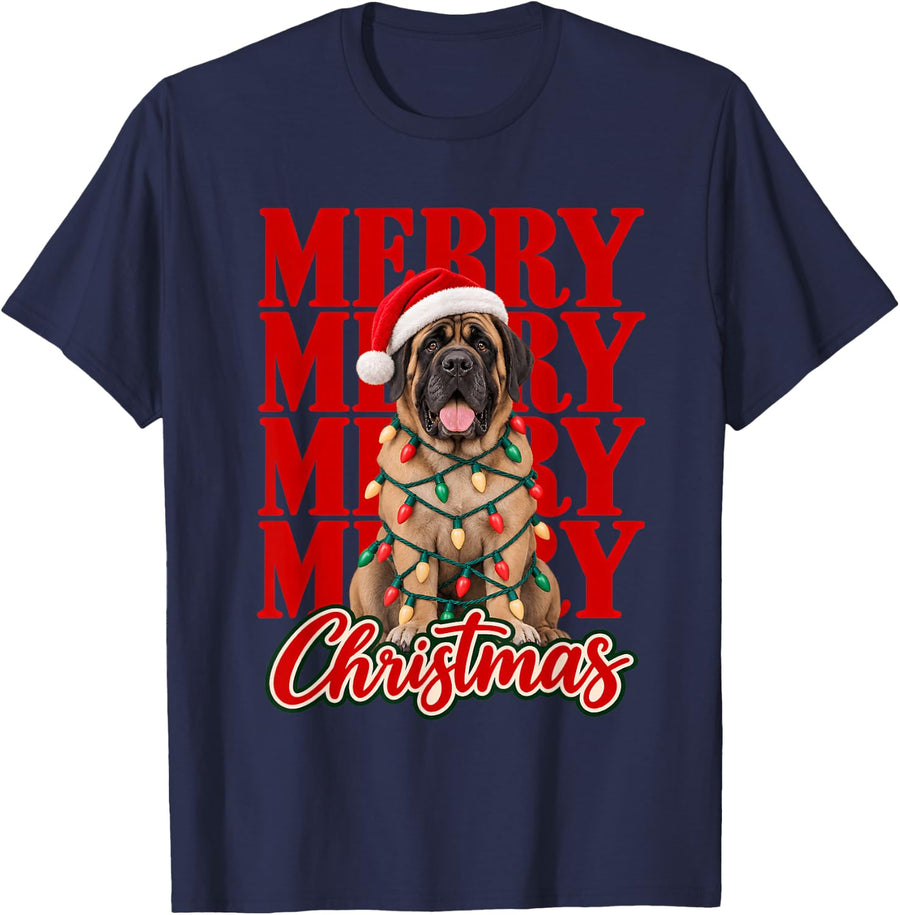 Merry Christmas Mastiff Santa Dog Lovers Xmas T-Shirt - Navy Blue