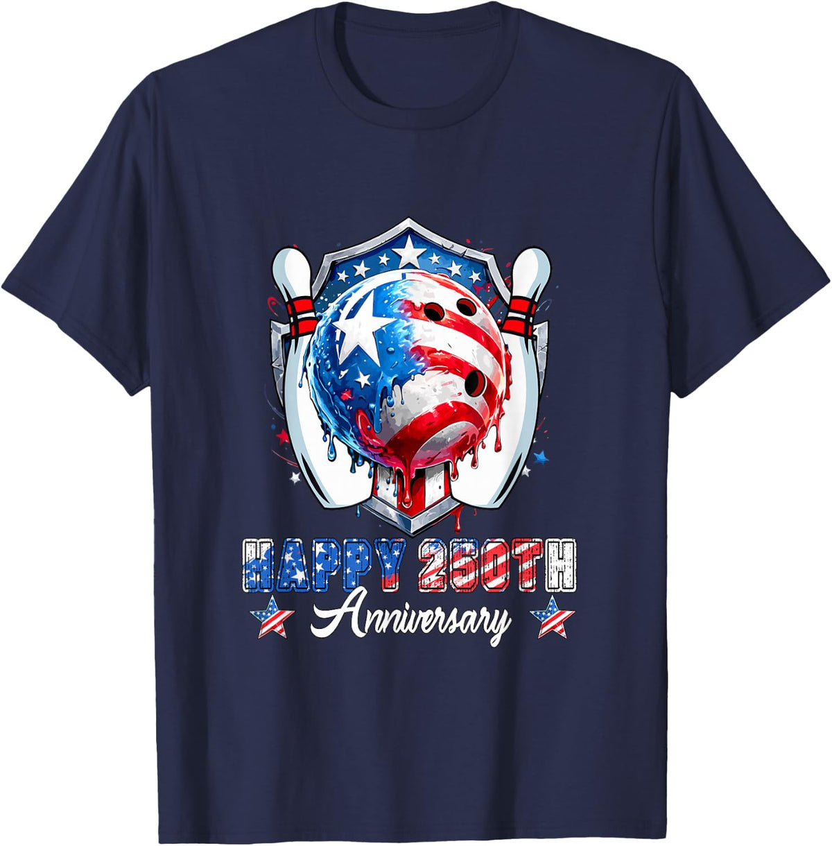 Happy 250th Anniversary 4th July Dripped Costume Bowling T-Shirt - Navy Blue
