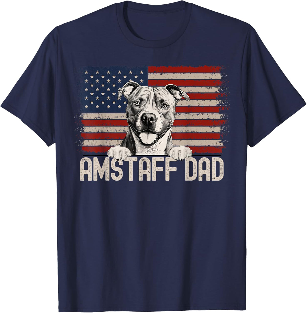Best Dog Dad Ever American Flag - Amstaff Dad T-Shirt - Navy Blue