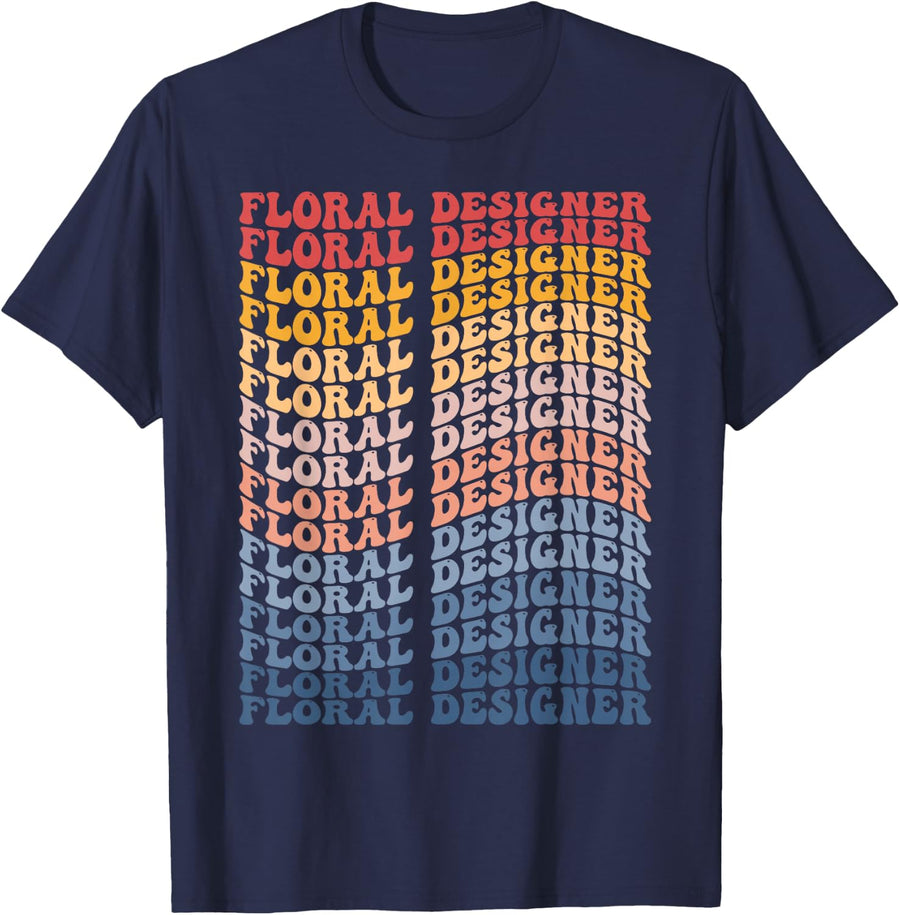 Floral Designer Groovy Retro T-Shirt - Navy Blue