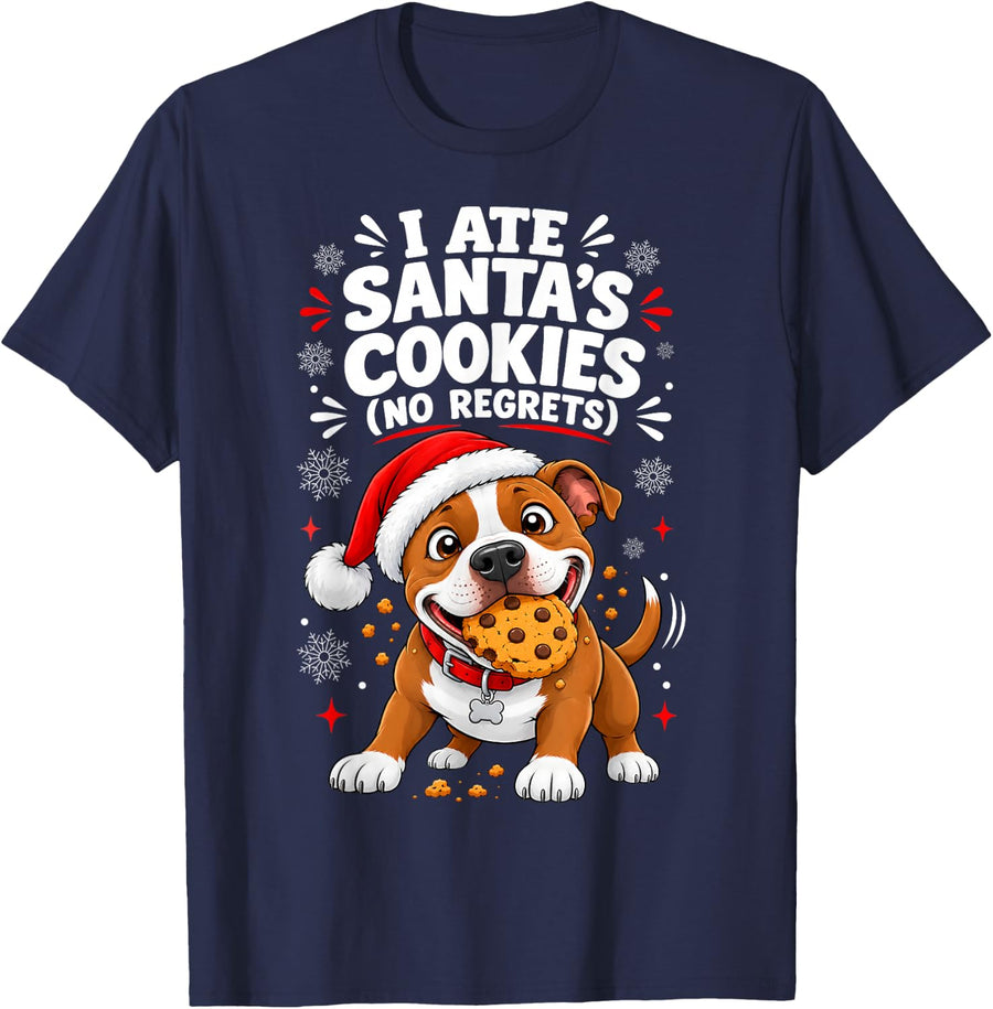 I Ate Santas Cookies American Staffordshire Terrier Dog Xmas T-Shirt - Navy Blue