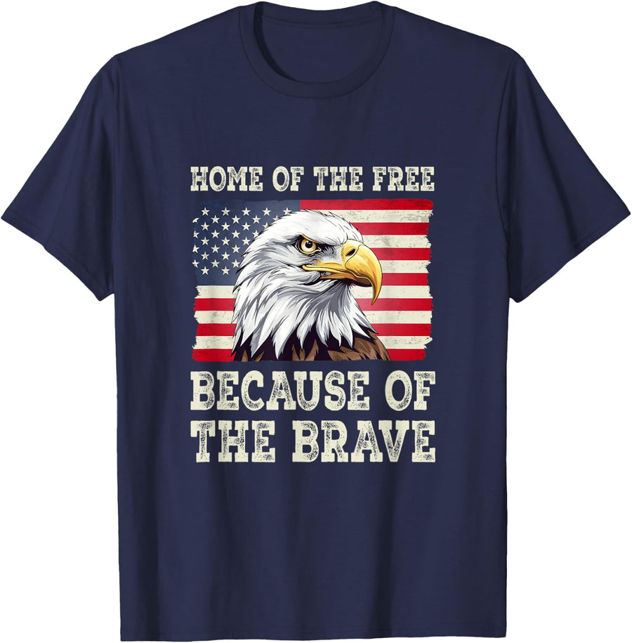 Patriotic Bald Eagle Because of The Brave USA T-Shirt - Navy Blue