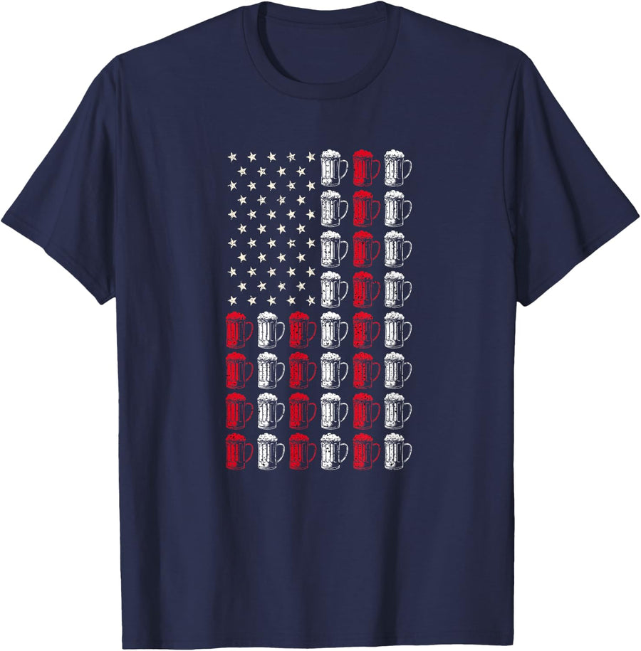 Craft Beer American Flag Patriotic 4th Of July Booze Brewer T-Shirt - Navy Blue