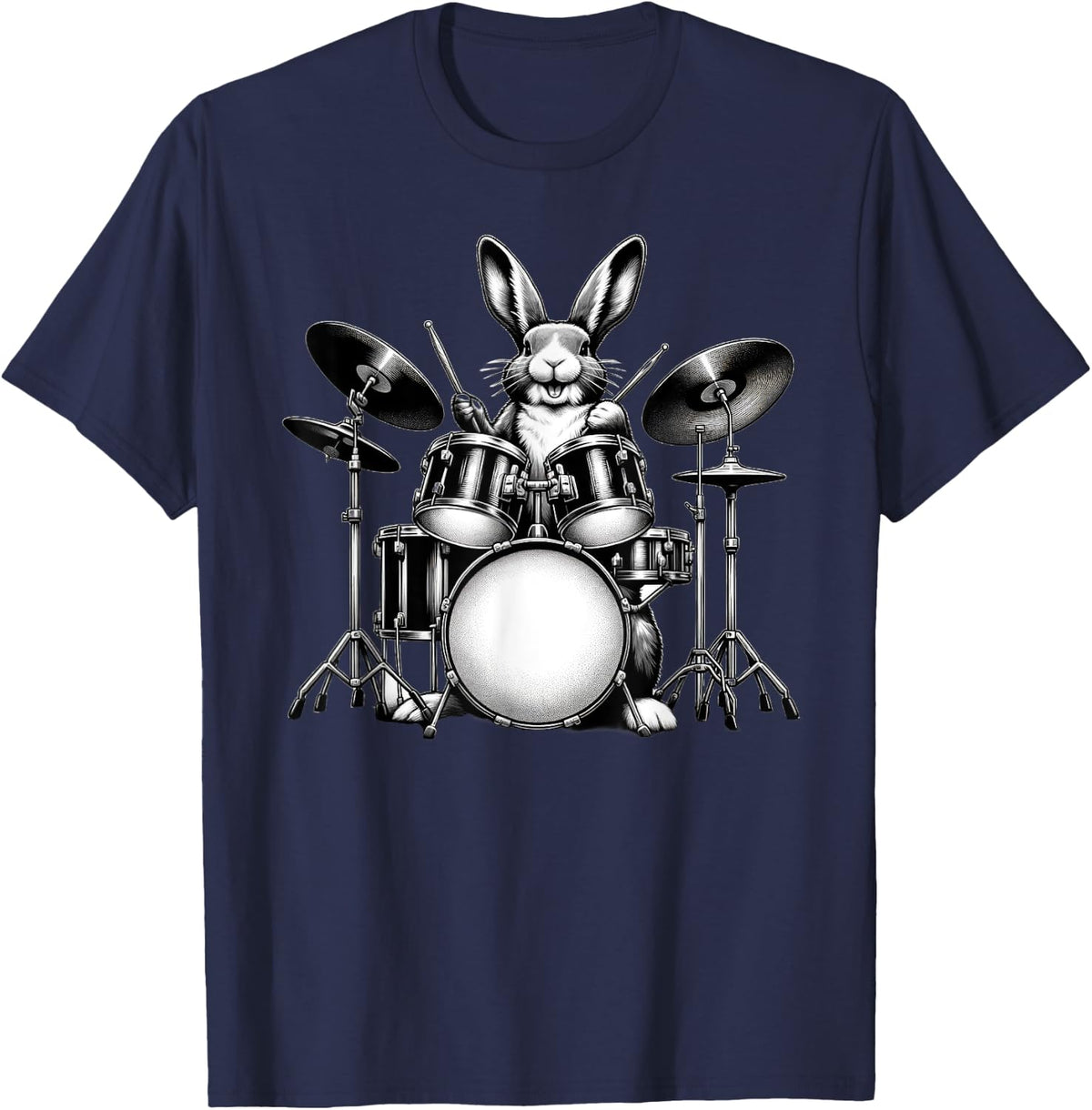 Cute Rabbit Bunny Playing Drums Rabbits Drummer Music T-Shirt - Navy Blue