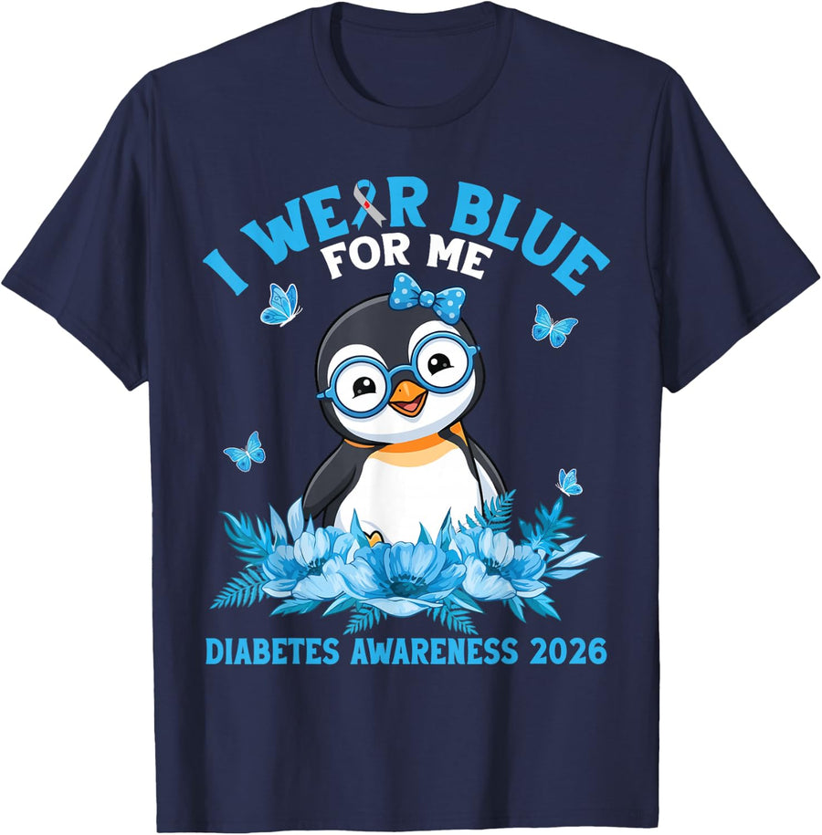 I Wear Blue for Me Diabetes Awareness 2026 Penguin Warrior T-Shirt - Navy Blue