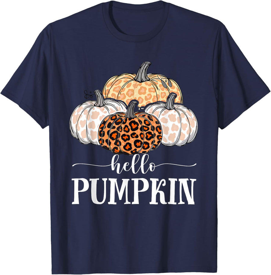 Cute Hello Pumpkin Leopard Autumn Thanksgiving Halloween T-Shirt - Navy Blue