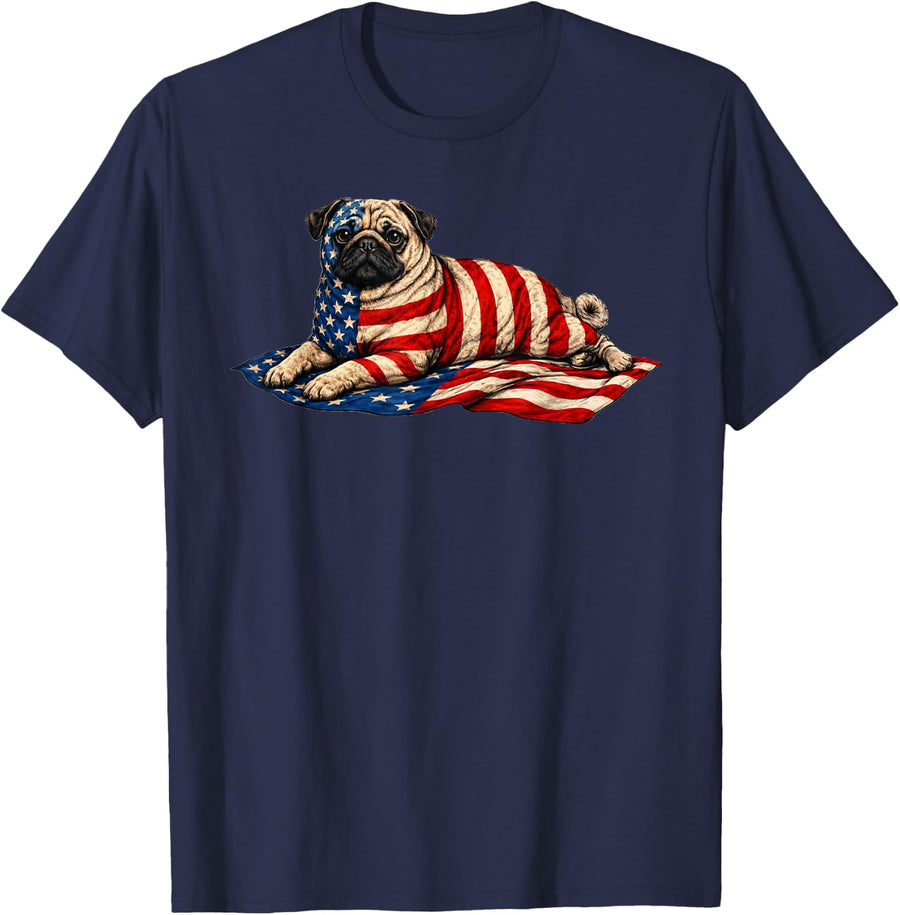 American Flag Dog Pug 4th of July T-Shirt - Navy Blue