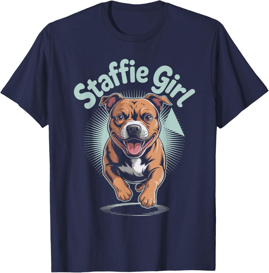 Staffie Girl Cartoon Dog Womens Staffordshire Bull Terrier T-Shirt - Navy Blue
