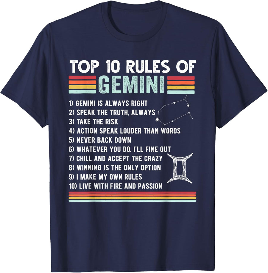 Retro Gemini Zodiac Sign Rules Astrology May June Birthday T-Shirt - Navy Blue