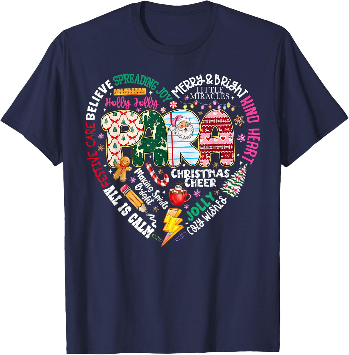 para Heart Christmas Paraprofessional SPED Teacher Xmas T-Shirt - Navy Blue