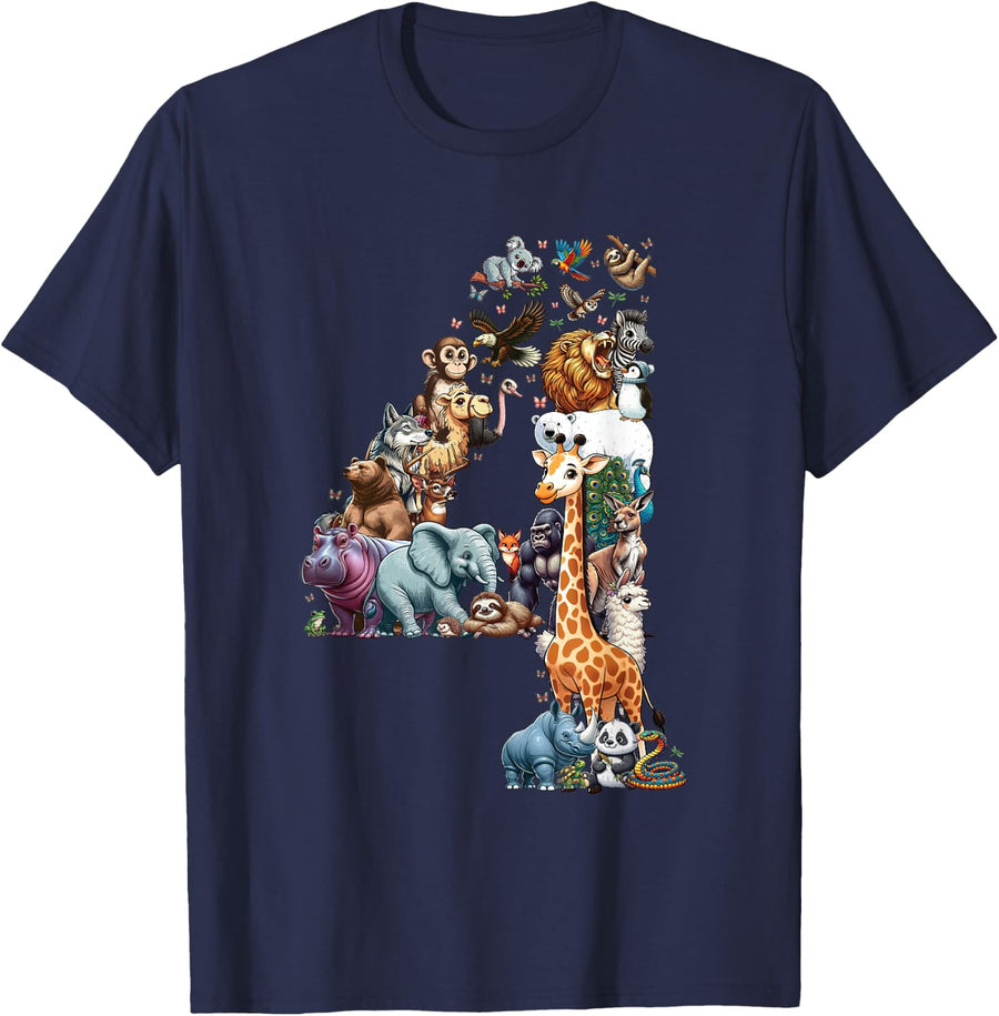 4th Birthday 4 Years Old Zoo Animals Wildlife Safari Jungle T-Shirt - Navy Blue