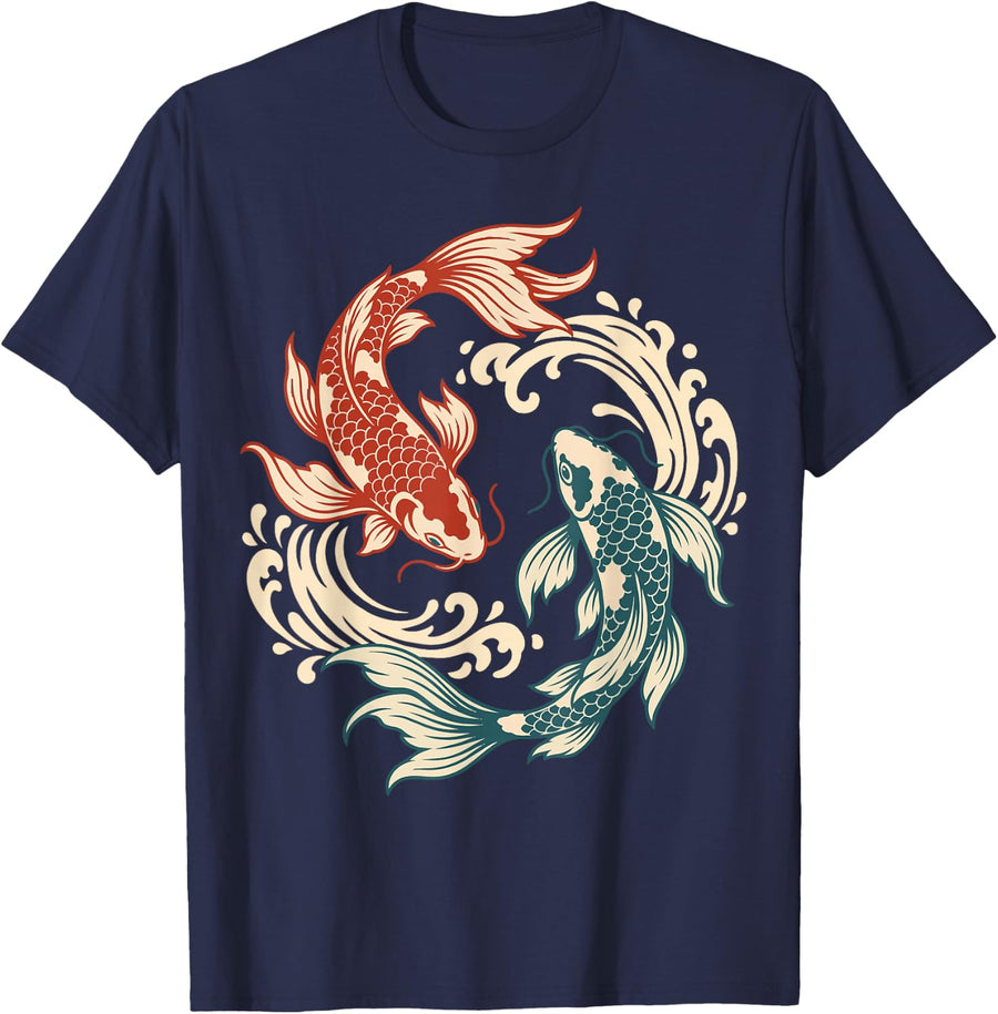 Japanese Koi Fish Tattoo Style Wave Zen Art T-Shirt - Navy Blue