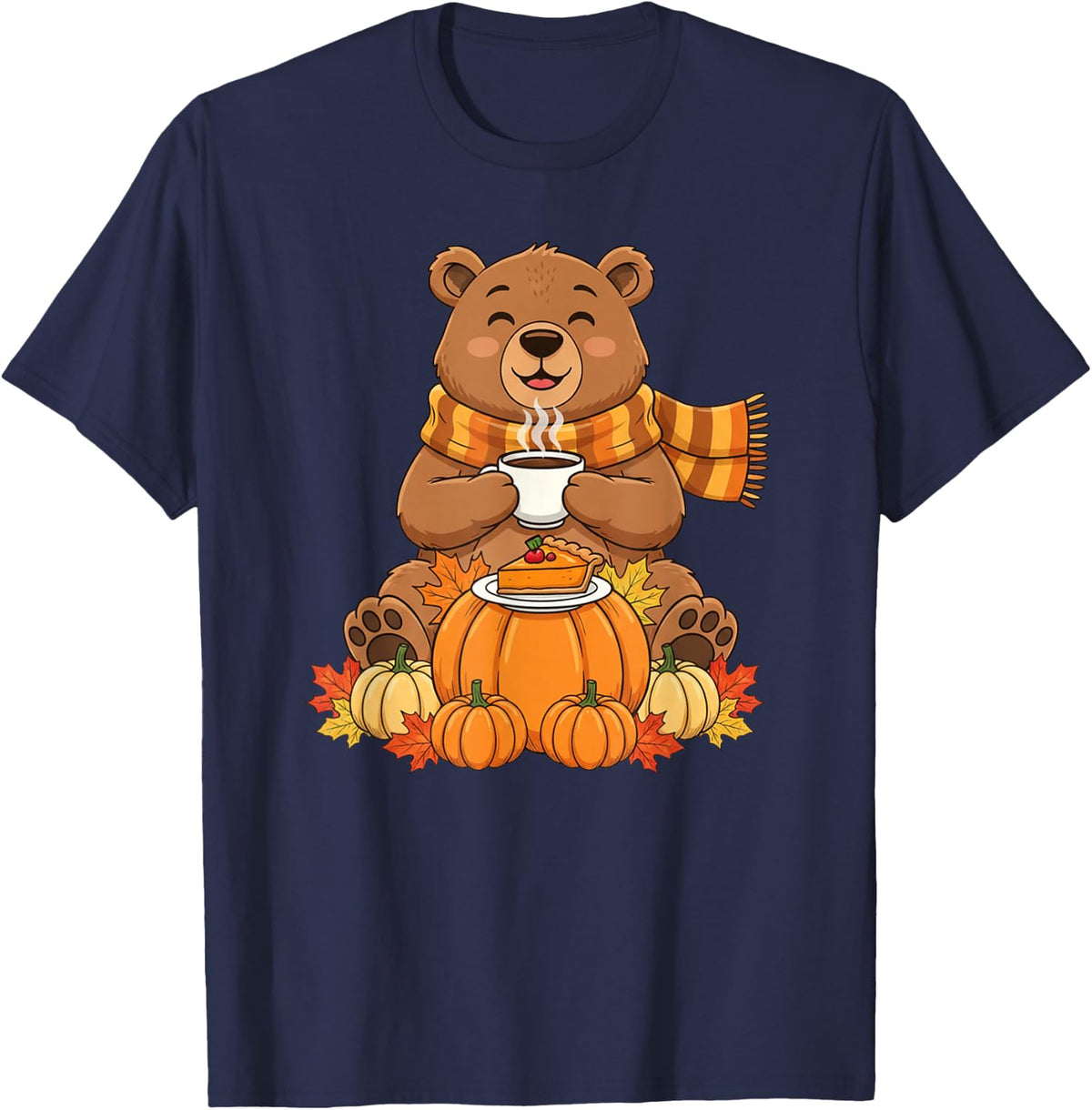Funny Bear Coffee Autumn Thanksgiving Womens Mens Kids T-Shirt - Navy Blue