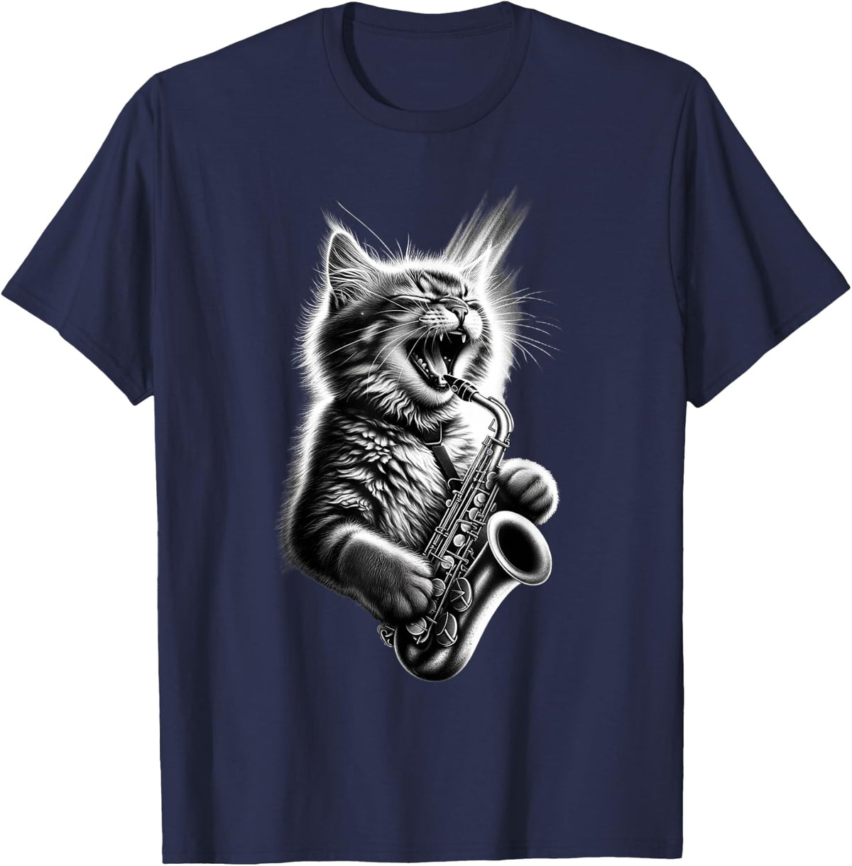 Funny Cat Playing Saxophone Jazz Sax Musician Saxophonist T-Shirt - Navy Blue