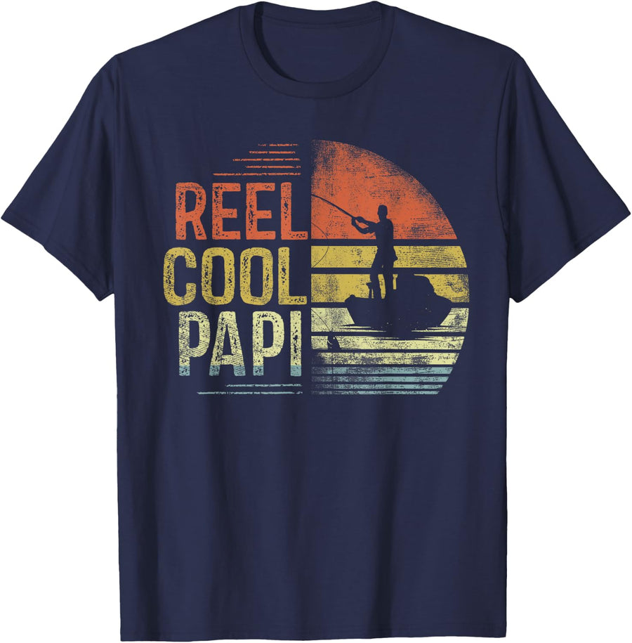 Reel Cool Papi Fishing Gifts Papi Birthday Vintage T-Shirt - Navy Blue