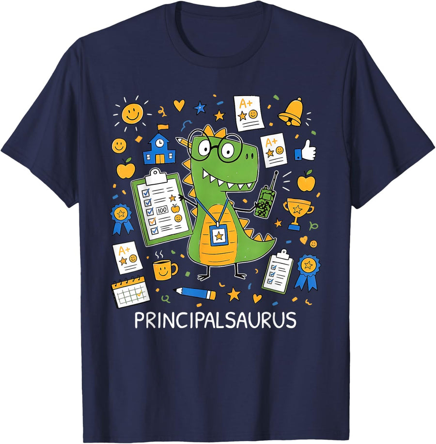 Principalsaurus Cute Dino School Principal Elementary Teach T-Shirt - Navy Blue