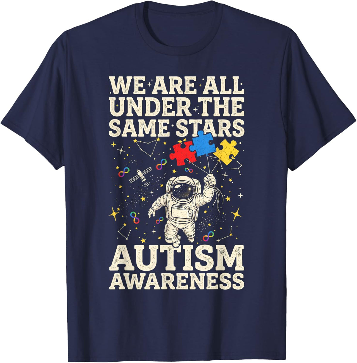 We are All Under The Same Stars Autism Awareness Astronaut T-Shirt - Navy Blue