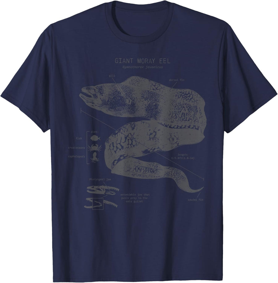 Vintage Moray Eel Anatomy Ocean Animal Marine Biologist Tee T-Shirt - Navy Blue