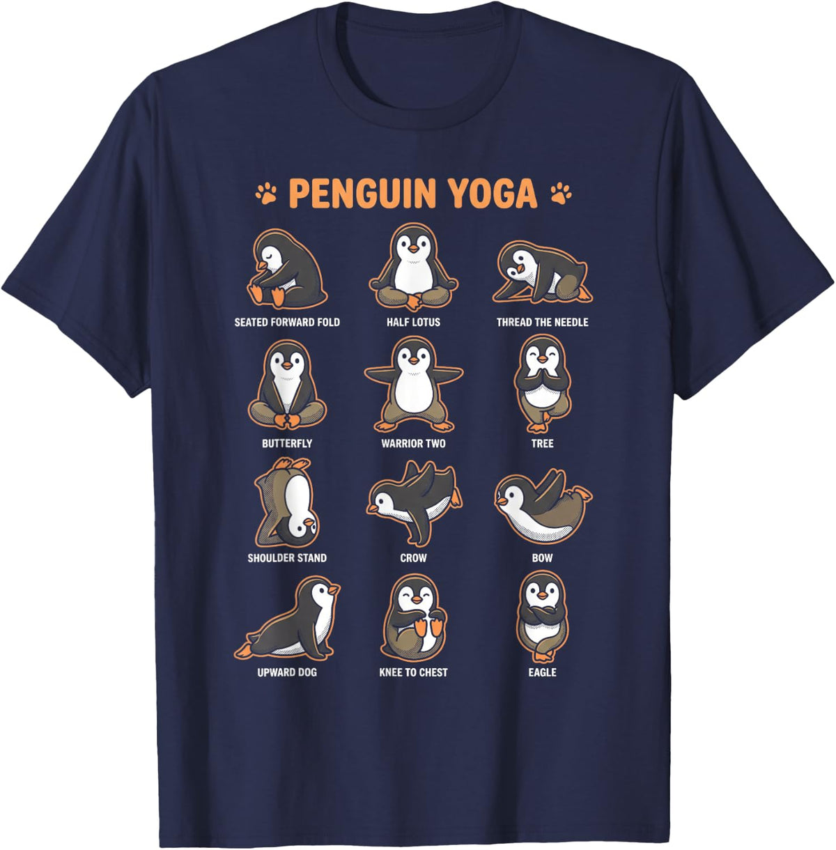 Penguin Yoga Comic Poses Cute Funny Animal Chart T-Shirt - Navy Blue